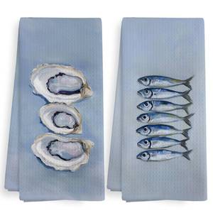 lot 2166 image: XNXLDYLH Summer Ocean Coastal Beachy Kitchen Towels and Dishcloths Sets of 2, Coastal Oyster Sardine Decor, Blue Ocean Beach Themed Nautical Decor Dish Hand Tea Towels for Bathroom Kitchen, 16x24 Inch
