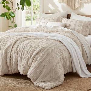 lot 7461 image: Bedsure Tufted Boho Comforter Set Queen Size - Beige Boho Bed Set, GentleSoft 3 Pieces Farmhouse-Style Embroidery Bedding, Gifts for Woman, Soft Jacquard Kids Queen Comforter for All Seasons