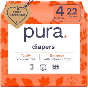 lot 7462 image: Pura Size 4 Eco-Friendly Diapers (18-31lbs) TCF Hypoallergenic, Soft Organic Cotton, Sustainable, up to 12 Hours Leak Protection, Allergy UK, Recyclable Packaging, 3 Packs of 22 (66 Diapers)