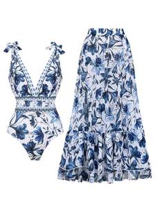 lot 7474 image: FLAXMAKER Blue and White V Neck Lace Up Strip Plant Prints One Piece Swimsuit and SkirtSarong(Swimsuit and Skirt,Blue,M)