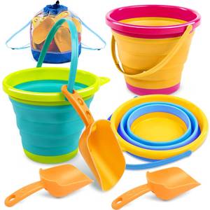 lot 7479 image: JOYIN 3 Packs Foldable Pail Bucket with Shovels & Mesh Bag, Collapsible Buckets Multi Purpose for Beach, Camping Gear, Beach Party, Fishing, and Fun Summer Activities (YellowBlueGreen)