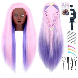 lot 7489 image: Black Mannequin Head with Hair 29 Doll Head for Hair Styling
