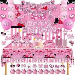 lot 7491 image: Pink Mouse Birthday Decorations for 20 Guests - Pink Party Decorations, Plates and Napkins, Tablecloth, Balloons, Banner, Backdrop, Swirls, Cake Toppers, Fork & Paper Food Trays - Party Supplies