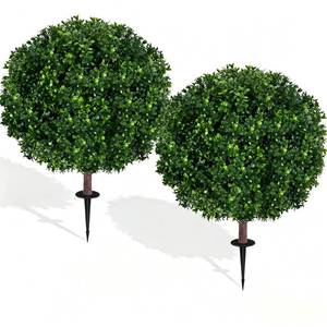 lot 7498 image: 27.5 Artificial Boxwood Topiary Ball Tree, Set of 2 Fake Bushes Shrubs with Ground Spike, UV Resistant Faux Evergreen Boxwood Trees for Front Porch Planters Outdoor Garden Decor