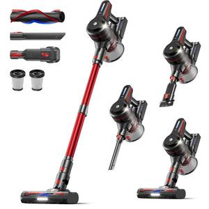 lot 7508 image: CHEBIO Lightweight Cordless Vacuum Cleaners for Home, Stick Vacuum Cordless Rechargeable with 45kPa Suction,45-Min Run,Anti-Tangle and Self-Stand, 6 in 1 Hardwood Vacuum Cleaner (red)