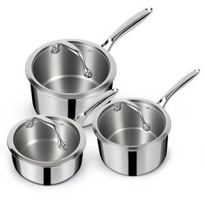 lot 7509 image: EWFEN 3 Ply Stainless Steel Sauce Pan Set with Lids, 1 & 2 & 3 Quart Multipurpose Cooking Pot, Stay-Cool Handle, Induction Oven Dishwasher Safe, 1QT & 2QT & 3QT