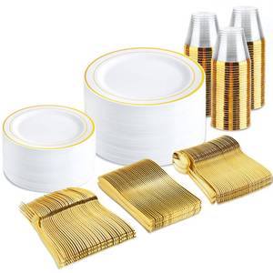 lot 7510 image: bUCLA 300PCS Gold Disposable Dinnerware Set - White and Gold Plastic Plates - Include 50 Each (Dinner&Dessert) Plates,50 Knives,50 Forks,50 Spoons,50 Cups for Party