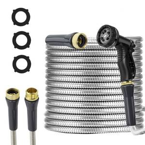 lot 7515 image: AnyEasy Stainless Steel Garden Hose 75ft Heavy Duty Metal Water Hoses with 10 Function Water Hose Nozzles for Yard Outdoor