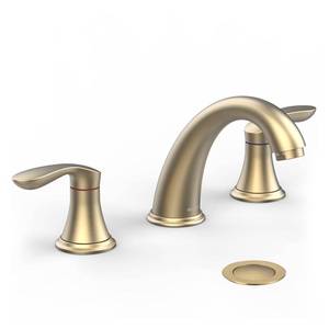lot 7522 image: Bathroom Sink Faucet, Dual Handle Widespread Bathroom Faucet 3-Hole Design with Brushed Gold Finish, Includes Plastic Pop-Up Drain and cUPC Certified Lead-Free Hoses (Brushed Gold)
