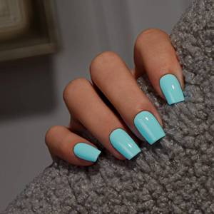 lot 8349 image: KQueenest Teal Blue Press On Nails Medium Square - Summer Press On Nails Short Coffin, Sheer Turquoise Fake Nails with Glue, Glossy Opaque, Reusable Soft Gel Glue on Nails for Women, 28 Pcs
