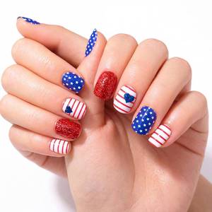 lot 8352 image: 4th of July Press on Nails Red White Star Stripe Glitter Fake Nails