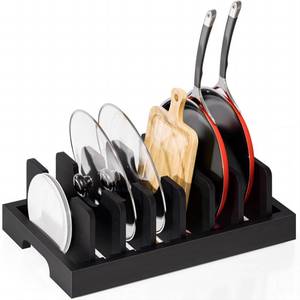 lot 8389 image: Kiasthome Bamboo Pot and Pan Organizer, Pot Lid Organizer Holder Rack for Countertop Drawer, Kitchen Cabinet Organizer with 7 Adjustable Dividers for Pots, Pans, Baking Sheets, Cutting Boards, Black