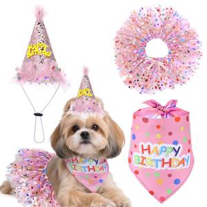 lot 8394 image: Dog Birthday Bandana with Hat and Dress Girl Set Puppy Birthday Party Supplies Cute Tutu Skirt Outfit for Small Medium Large Dogs Decorations(Pink)