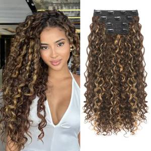 lot 8401 image: Clip in Hair Extensions, FLUFYMOOZ 4PC 100�� Pure Protein Silk Hair Extensions Long Soft Natural Hairpiece 20 Inch Curly Hair Extension for Women (Dark Golden Brown with Highlight)