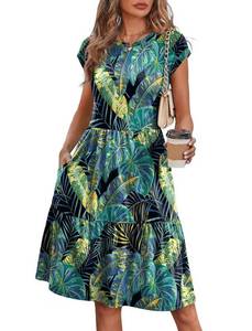 lot 8417 image: WIHOLL Summer Dresses for Women 2026 Sundress Spring Boho Fall Dresses Beach Vacation Clothes Casual Sundresses Swing Tiered Mini Dress Blue Dress Palm Leaf L