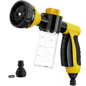 lot 8423 image: Garden Hose Nozzle, High Pressure Spray Gun Nozzle, 8 Spray Patterns for Watering Plants, Lawn, Patio, Cleaning, Showering Pet with 3.5oz100cc Soap Dispenser Bottle (Orange)