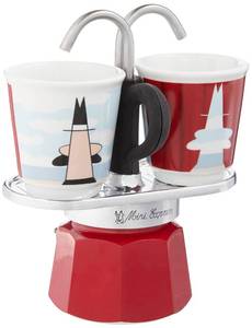 lot 9777 image: Bialetti - Mini Express Magritte Moka Set includes Coffee Maker 2-Cup (2.8 Oz)  2 shot glasses, Red, Aluminium