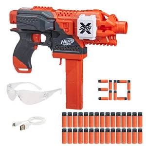 lot 9779 image: NERF Pro Stryfe X Dart Semi-Auto Blaster, Rechargeable LiPo Battery, 30 AccuStrike Half-Length Darts, 15-Dart Magazine, 150 FPS, Eyewear, 14 (Amazon Exclusive)