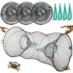 lot 9781 image: 4 Pack Fishing Bait Trap Crab Trap Minnow Trap Crawfish Trap Lobster Trap Crayfish Shrimp Trap Net Portable Collapsible Fishing Traps with 49 Ft Rope Folded Fishing Accessories, 12 x 24 Inch (Black)