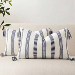lot 10358 image: Smile Bee Outdoor Striped Pillow Covers 12x20 Set of 2 Navy Blue and White