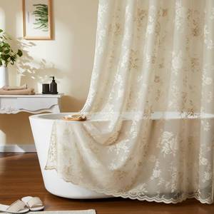 lot 10363 image: Beige Lace Shower Curtain with Attached Valance Decorative Vintage Floral Shower Curtain for Bathroom Spa Boho Cottagecore Decor Scalloped Edge Shabby Chic Bath Curtains Spa-like Hotel, 72 x 72 Inch