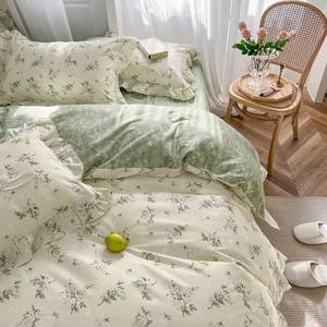 lot 11924 image: MKXI Twin XL Size Beige & Green Floral Comforter Set - 3 Piece Ruffled Lace Bedding Set with Reversible Design, Soft Aesthetic Cottagecore Style Green Leaf Comforter for Girls, Women, and Teens (Used)