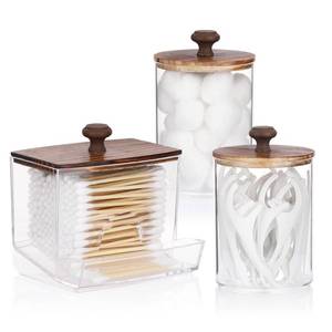 lot 11933 image: Tbestmax Qtips Holder Bathroom Container, 10oz Big Qtips Dispenser Cotton Ball Holder, Clear Plastic Apothecary Jar Organizer for Storage Cotton Swab, Round Pads, Floss Picks