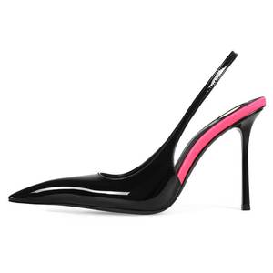 lot 11943 image: Aorikro Slingback Heels for Women Pointed Close Toe Two Tone Stiletto High Heels Backless Patent Leather Elastic Strap Heeled Sandals Dress Pumps Black Size 7