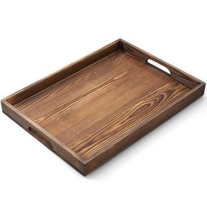 lot 11951 image: 17 Inch Burnt Wood Serving Tray with Handles - Large Wooden Tray for Ottoman, Breakfast in Bed, Dinner, Coffee Table - Decorative Brown Rectangular Tray for Living Room Entryway and Kitchen Decor