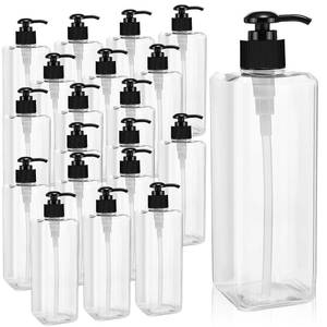 lot 11959 image: 20 Pack 16oz 500ml Plastic Empty Bottles Refillable Shampoo Containers with Pump Lightweight Square Soap Dispenser Bottles for Essential Lotions, Shampoos, Conditioner, Massage Oil (Clear, Black) (Used)
