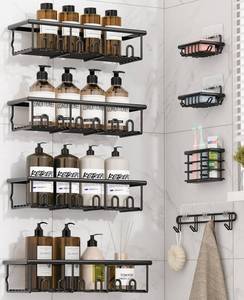 lot 11968 image: Zeawec 8 Pack Adhesive Large Capacity No-Drilling Shower Caddy, Black