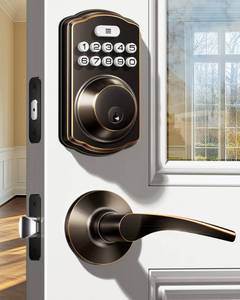 lot 11979 image: Veise KS01B Keypad Door Lock with 2 Lever Handles Set, Oil Rubbed Bronze