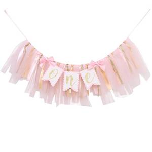 lot 12286 image: Highchair Banner 1st Birthday Girl - Tulle And Ribbon Banner For First Birthday, Cake Smash Photo Prop, Party Supplies (Pink)