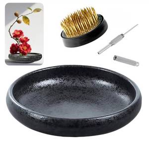 lot 12328 image: Japanese Ikebana Vase Kit, Flower Shallow Container Ceramics Ikebana Vase with 1.57inch Flower Frog and Floral Frog Floristry Kenzan Needle Straightening Tool (Frosted Bowl A with Spots)