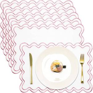 lot 12332 image: HunnmingRe White with Pink Set of 6 Cotton Linen Wedding Placemats, 13x19 Inch Scalloped Wavy Embroidery Placemat Double Layered Washable Rustic Rectangle Dinner Table Mat for Home Decor