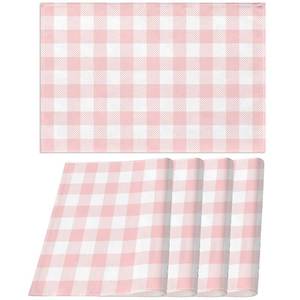 lot 12334 image: Nepnuser Linen Pink and White Buffalo Check Plaid Placemats Set of 4 Gingham Pink Farm Birthday Party Easter Place Mats for Home Kitchen Dining Table Decoration (12 x 18)