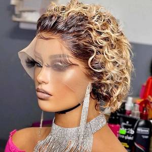lot 12336 image: INSTASTYLE Ombre Blonde Pixie Cut Lace Front Wigs 6 inch Human Hair 13X1 Pixie Cut Short Curly Wigs HD Lace Front Wigs Plucked Pixie Curly Wigs for Black Women (6 Inch, 1B27#) (Not Blonde Red)