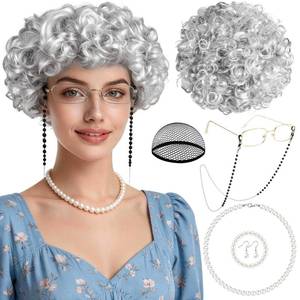 lot 12357 image: PLULON 7 Pcs Silver Old Lady Wig Crazy Hair Day Costume for Women, Funny Party Grandma Wigs Short Curly Granny Hair Accessories for Halloween Christmas Cosplay Costume Party