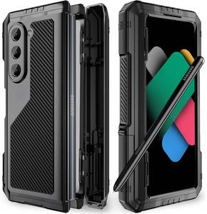 lot 12372 image: Simicoo Samsung Z Fold 5 Metal Case with Magnetic Hinge Protection S Pen Holder Screen Protector Camera Protector Military Rugged Heavy Duty Shockproof Case with Stand Tough case for Z Fold 5 (Black)
