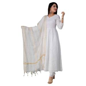 lot 12373 image: JG JAI GOVINDAM Chikankari Cotton Anarkali Indian Kurti For Women Summer Dress Kurta Pant With Dupatta Set Pakistani Long Kurta-(M) White