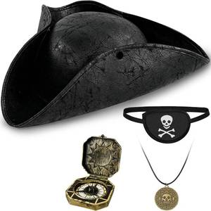 lot 12400 image: Zddaoole 4 PCS Black Renaissance Pirate Tricorn Hat,Vintage Wrinkle Pirate Hat,Distressed Faux Leather Hat with Eye Patch Necklaces Compass for Men & Women,Halloween Cosplay