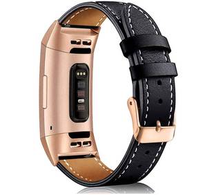 lot 12405 image: Mornex Leather Band Compatible with Fitbit Charge 3 Charge 4, Replacement Genuine Leather Bands for Women Men (Black-Rose Gold Buckle)