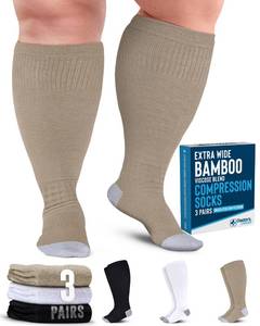 lot 12413 image: Doctors Select� 3 Pairs Plus Size Compression Socks Wide Calf  Bamboo Viscose Knee High Socks for Circulation Support  Black, White, Tan
