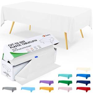 lot 13687 image: Smiry 54 Inch x 100 Feet Disposable Table Cover Roll, White Plastic Table Cloth in Cut-to-Size Box with Slide Cutter, Waterproof Rectangle Tablecloths for Weddings, Banquets, Outdoor