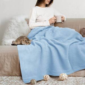 lot 13702 image: THREAD SPREAD Organic GOTS Cotton Blanket, FullQueen - 350 GSM, Antistatic, Fuzzy Soft, Lightweight, Sofa, Camping & Travel, Perfect Herringbone All Seasons Throw, Light Blue with Free Tote Bag