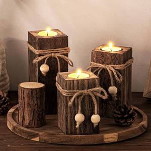 lot 14361 image: Rustic Wood Candle Holders with Battery Operated Candles Farmhouse Decor 3P