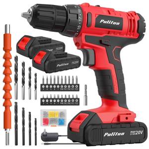 lot 14371 image: PULITUO 20V Cordless DrillDriver, 2 Batteries Electric Screwdriver, 30Nm Power Drill Driver, 211 Torque, 2 Speed, 38Keyless Chuck, power Drill with LED Light, Drill Driver Kit for Home (Red)