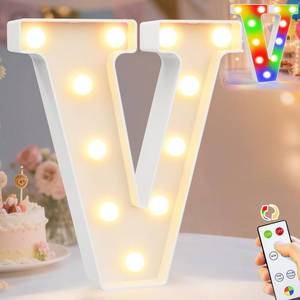 lot 14397 image: Pooqla LED Light Up Letters, Warm White and Colorful Lighted Marquee Letters with Remote, Lighted Letter for Party Birthday Decorations, Gift for Girls Boys Night Light, Wedding Home Decor, Letter V