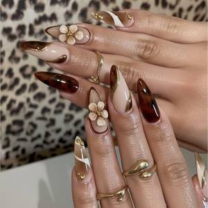 lot 14458 image: Long Press on Nails Almond False Nails Nude Fake Nail Pink Stick on Nail with Red 3D Flower Leopard Print Glamorous Manicure for Women 24pcs