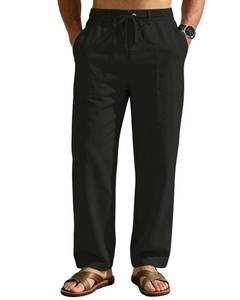 lot 14494 image: DOWMQ Linen Pants Men Casual Elastic Waist Drawstring Loose Straight with 4 Pockets Black 38W 30L